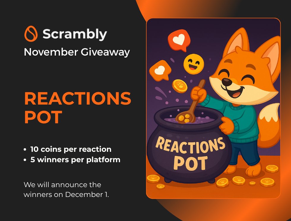 scrambly_io's tweet photo. Scrambly Reactions Pot – November Contest! 🎉
This month, your reactions mean rewards! 💰

Here’s how it works:
💬 Every like, comment, or repost you make on our posts in November (across Facebook, Instagram, and X) counts as one reaction.

Continued in replies👇 https://t.co/vEGF3OZI1g