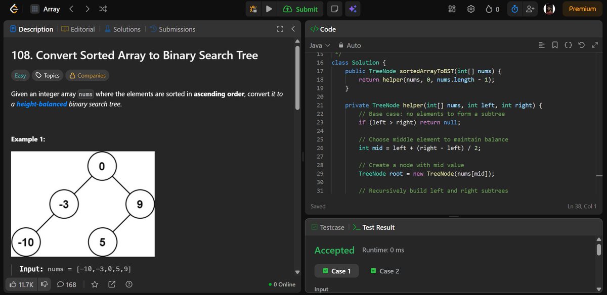 SinghMrinal04's tweet image. 🧩 Day 272 of #360DaysOfCode

 LeetCode 108 — Convert Sorted Array to BST

Build a height-balanced BST from a sorted array using recursion — pick mid as root, split for subtrees.

#Java #LeetCode #BST #Recursion #DSA