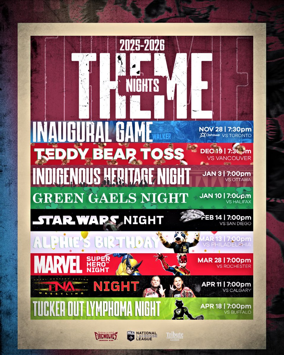 FireWolvesNLL's tweet photo. Clear your calendars 📆 and grab your 🍿because our inaugural season Theme Nights ARE HERE!

Check out the excitement all season and what’s in store at the Tribute Communities Centre 👉 https://t.co/6Ja1FNS1T6

Get tickets 🎟️ https://t.co/hItOwmfW8w

#LacrosseLivesHere🔥 https://t.co/9XTL4I4VOY
