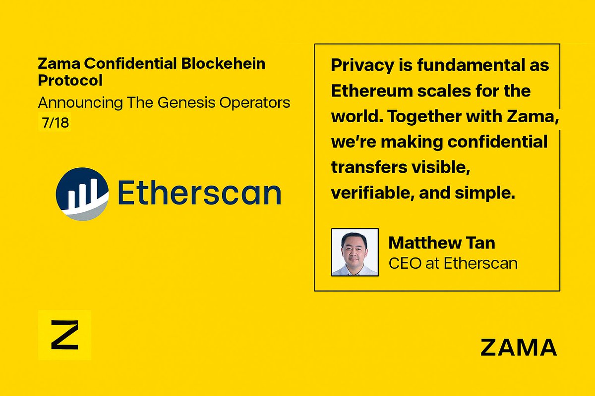 CryptoScarborn's tweet photo. 🔥 Big move from @zama 

Zama announced @etherscan  as one of their Genesis Operators, that’s massive! 💥

🔐Etherscan isn’t just a viewer anymore 👉 it’s helping secure Zama’s FHE-based privacy layer on Ethereum

Normally, when you interact with a protocol, your:
👀 Amounts
👀 Wallet address
👀 Strategy
are visible to everyone = zero privacy. 

But with Zama , you’ll be able to transact privately, even through Etherscan itself.

They’re adding a new Genesis Operator every day...
👀 Any guesses who’s next after Etherscan?
#ZamaCreatorProgram