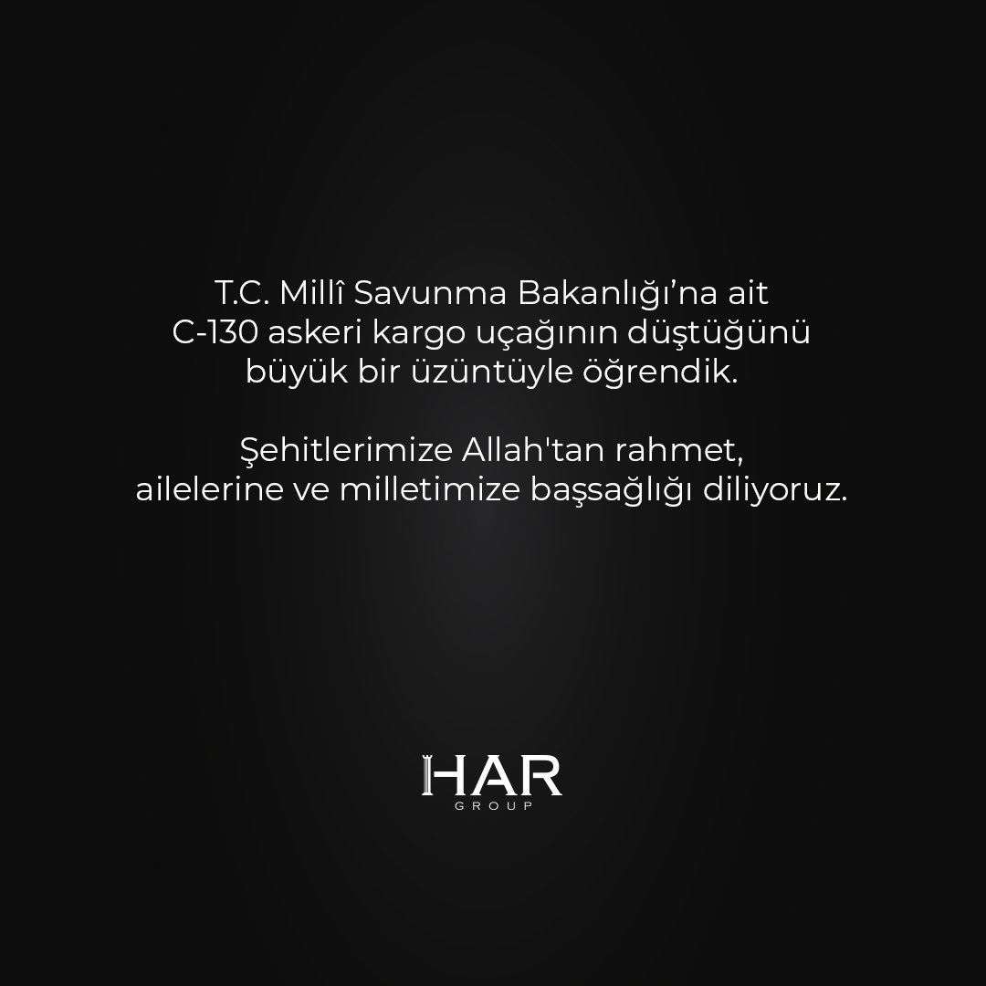 hargroup_tr's tweet photo. T.C. Millî Savunma Bakanlığı’na ait C-130 askeri kargo uçağının düştüğünü büyük bir üzüntüyle öğrendik.
 
Şehitlerimize Allah’tan rahmet, ailelerine ve milletimize başsağlığı diliyoruz. https://t.co/Emt6nalvq2