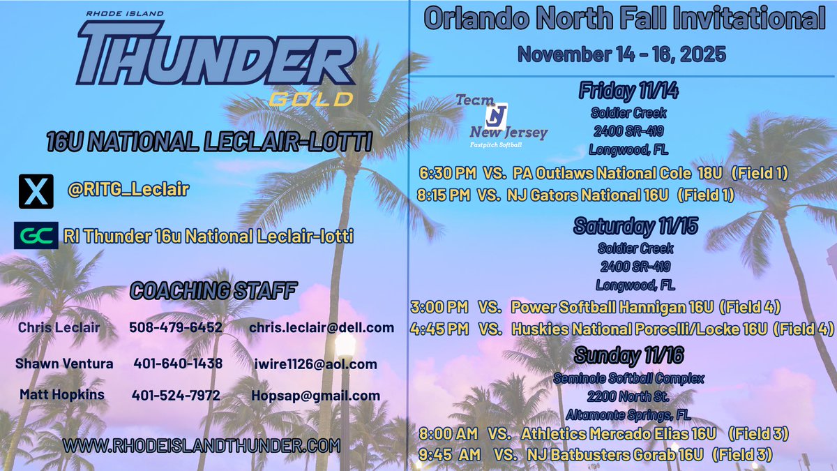 Wrapping up fall season in Orlando, Florida at the Fall Invitational! Sunshine state, here we come! ☀️🌻 Hope to see you there! 👀 <a href="/RITG_Leclair/">RI Thunder Gold 16u National Leclair-Lotti</a> <a href="/leclaircoach/">Chris Leclair</a> <a href="/BobRossiRITG/">Bob Rossi</a> <a href="/thunderjam134/">dave lotti</a> <a href="/HopsAP/">HopsAP</a>