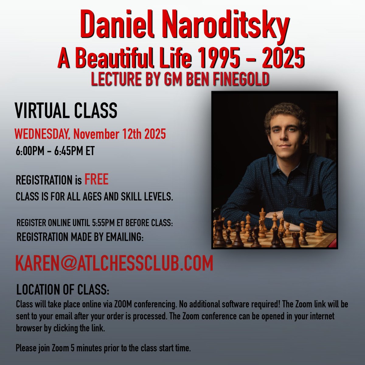 Join us for a free lecture and celebration of Danya's life this Wednesday at 6PM ET.  Email Karen@atlchessclub.com to receive the zoom link.