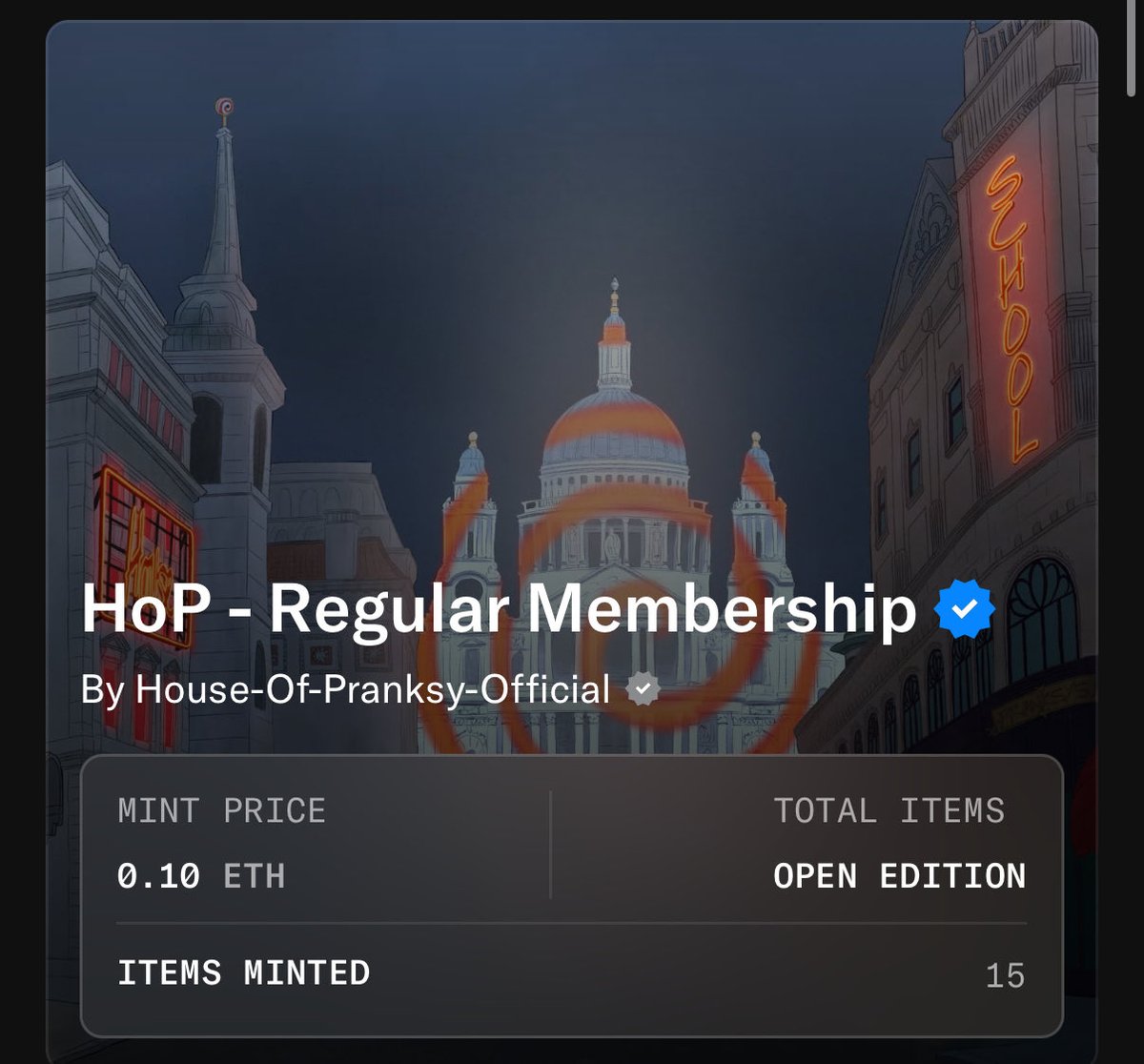 30 minutes in to the mint so far and Pranksy’s @houseofpranksy has 

- 5/250 minted at 1 eth mint price for close friends 
- 15 minted at 0.1 for regular access 

Personally I like Pranksy, just because he supported NFTs and a lot of projects for a long time. So I’m a bit