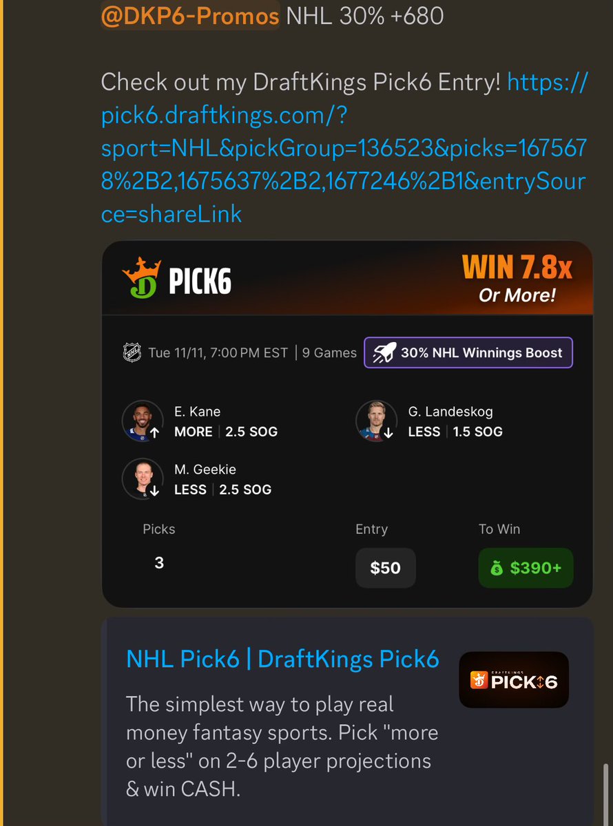 ChasingUnits_'s tweet image. DraftKings Pick6 NHL 30% +680

FV: +512
EV%: 27.5%
QK: 1.01u