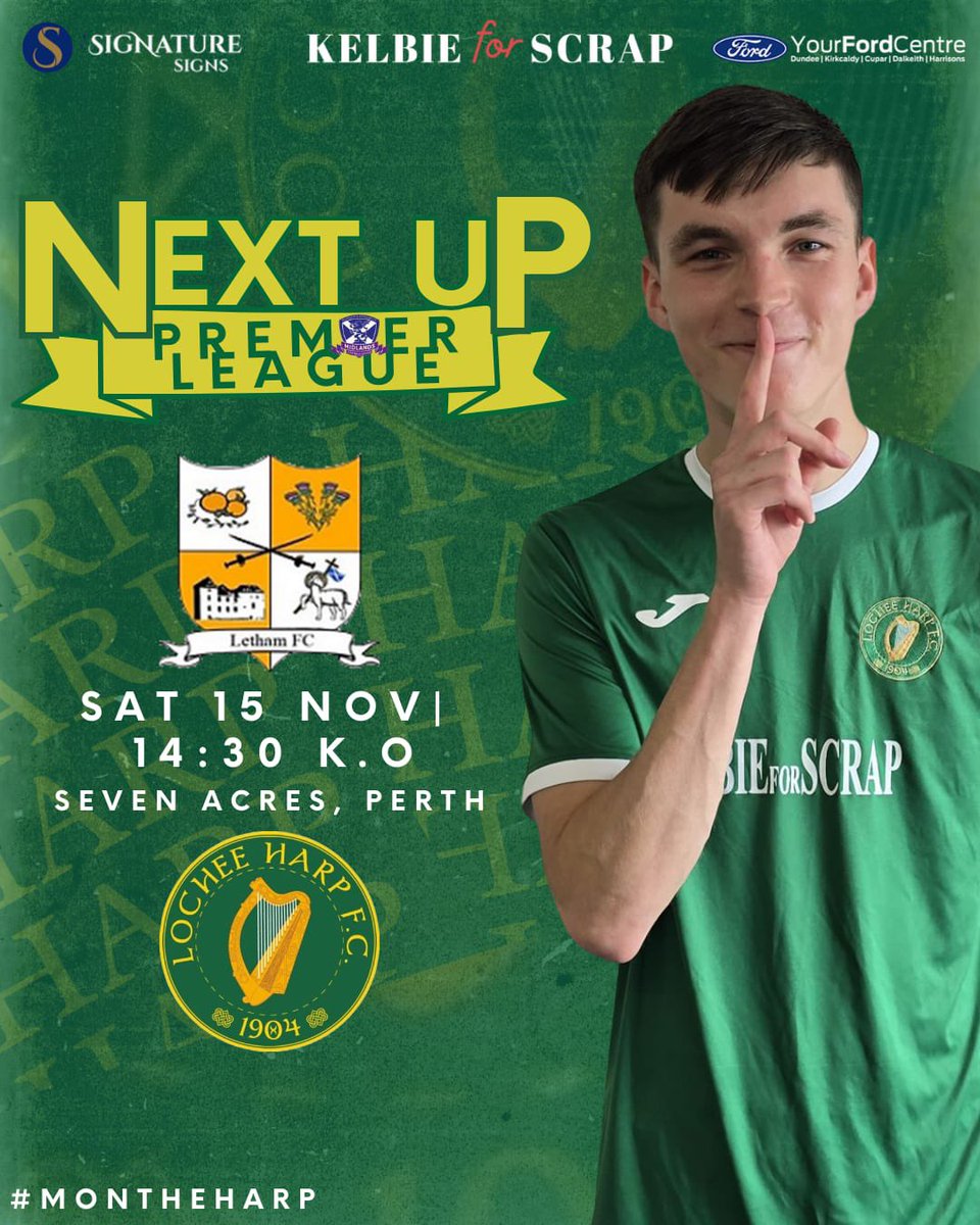 🟢🟢🟢 Midlands Football 🟢🟢🟢

Next up, a trip down to Perthshire to play Letham Fc for only the second time this season. 

Kick off is 14:30pm 

#TheHarp