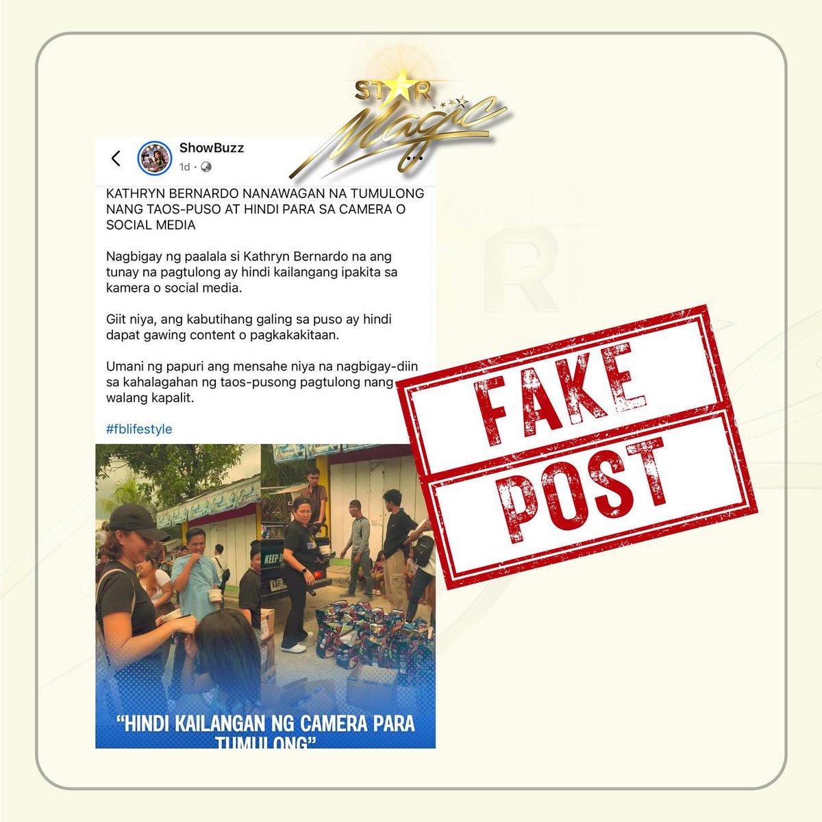 tribunephl's tweet photo. STAR MAGIC CLARIFIES KATHRYN REMARK

LOOK: Talent management agency Star Magic has issued a statement clarifying that actress Kathryn Bernardo did not make the remark circulating on social media about helping people willingly and not for show or cameras.

The management also reminded the public to verify information before sharing. | Star Magic

#KathrynBernardo #starmagic #ABSCBN #DailyTribune