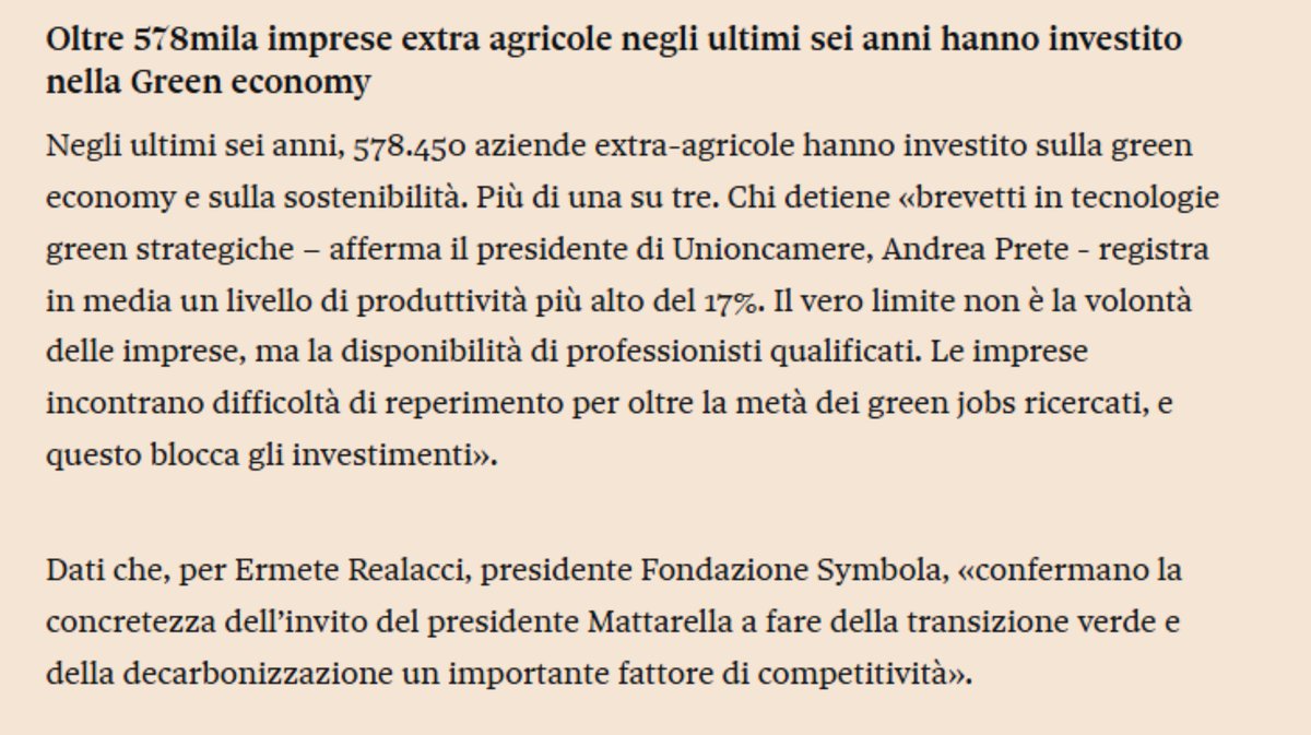 C'è un'Italia che può partecipare a testa alta alla #COP30 che si sta tenendo in Brasile. E contribuire a costruire un'economia più a misura d'uomo e per questo più forte. Sul <a href="/sole24ore/">IlSole24ORE</a> il 16° Rapporto #greenitaly

<a href="/SymbolaFondazio/">Fondazione Symbola</a> <a href="/unioncamere/">Unioncamere</a> <a href="/IstTagliacarne/">Centro Studi G. Tagliacarne</a> <a href="/conai/">CONAI</a> <a href="/Ecopneus/">Ecopneus</a>