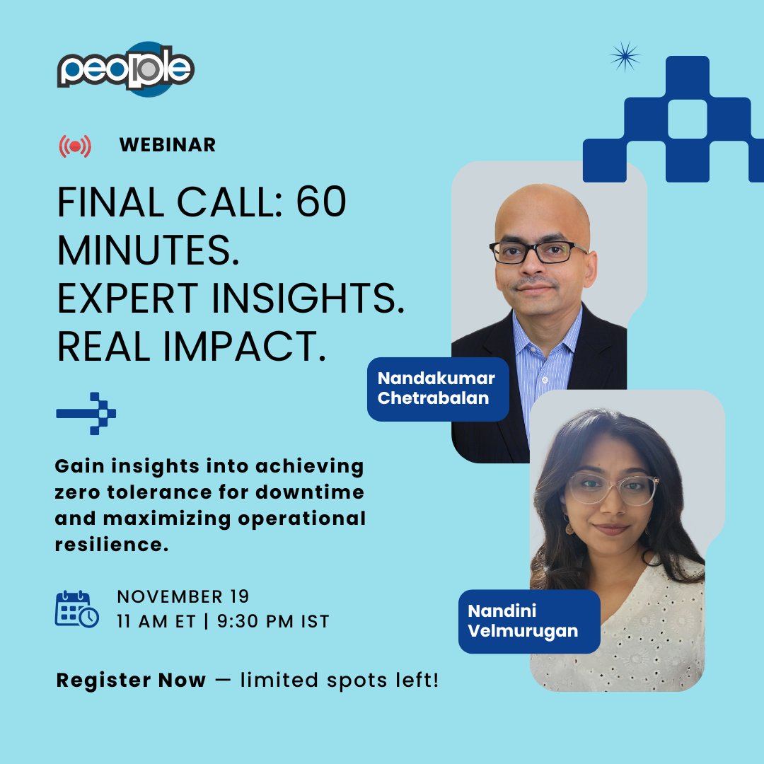 people_10's tweet image. #1 day to go!

Discover how global leaders use Digital Twins &amp;amp; Industry 4.0 to maximize uptime.

Hear from Nandakumar Chetrabalan &amp;amp; Nandini Velmurugan as they share actionable strategies.

🔗register.gotowebinar.com/register/84287…

#TechWebinar #DigitalTwins #People10