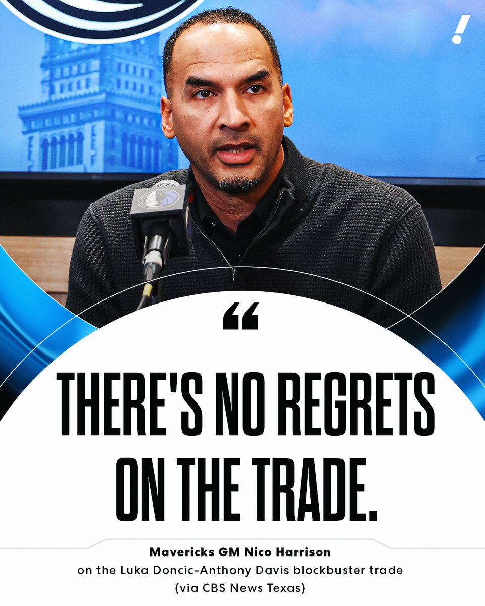 YahooSports's tweet photo. Nico Harrison’s WILD last calendar year as Mavs GM:

🤯 Trades Luka Dončić to Lakers without informing others of Dončić’s availability.
🤯 Mavs had to beef up security for Harrison.
🤯 Was forced to have closed-door meeting with media to explain the trade.
🤯 Mavs lose in the play-in round.
🤯 Mavs win the NBA lottery and draft Cooper Flagg despite 1.8% odds.
🤯 Mavs start this season 3-8, with Kyrie Irving and Anthony Davis hurt.