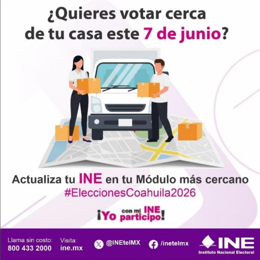 ¿Quieres votar cerca de tu casa este #7DeJunio?
 
Actualiza tu INE en tu Módulo más cercano. 

#EleccionesCoahuila2026

¡Yo con mi INE participo!