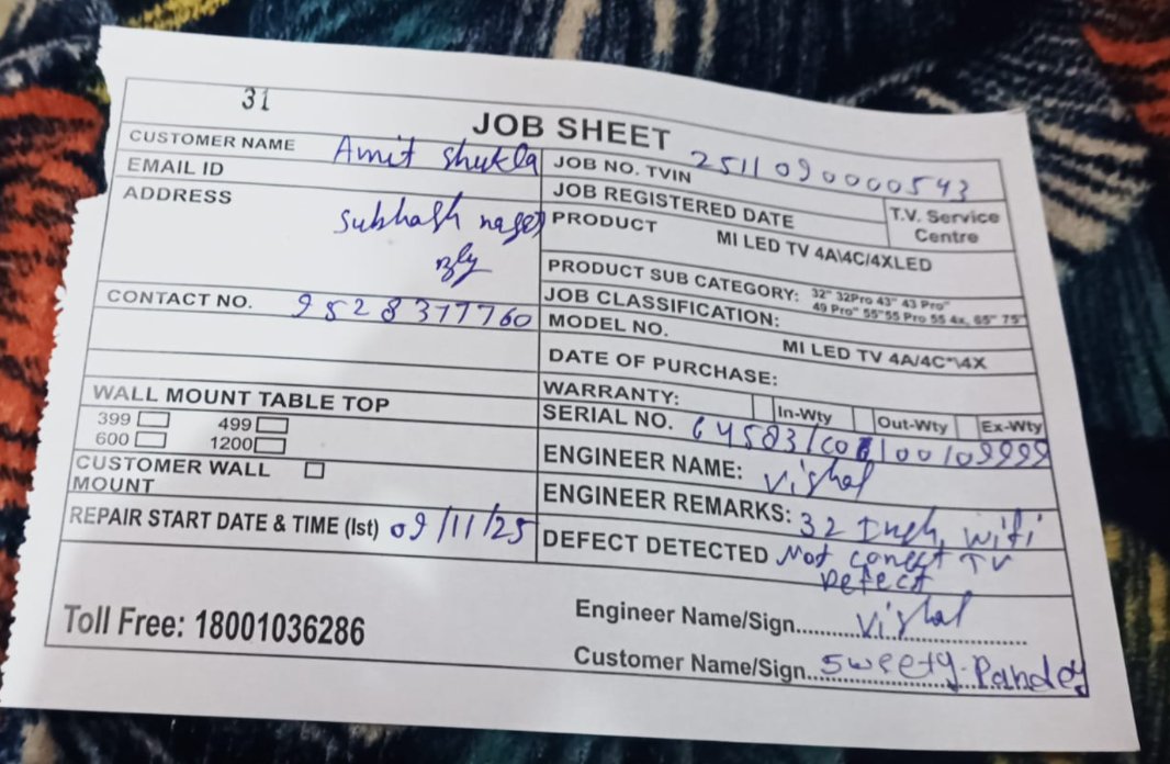 reshupandey's tweet photo. @Flipkart @FlipkartSupport this is beyond frustrating! Ordered a Mi TV, and the technician clearly mentioned on the job card it’s not working, yet you denied the return. After 15 days, another tech confirmed the same — still you closed the ticket! Pathetic service! https://t.co/WxTS7r2Ger