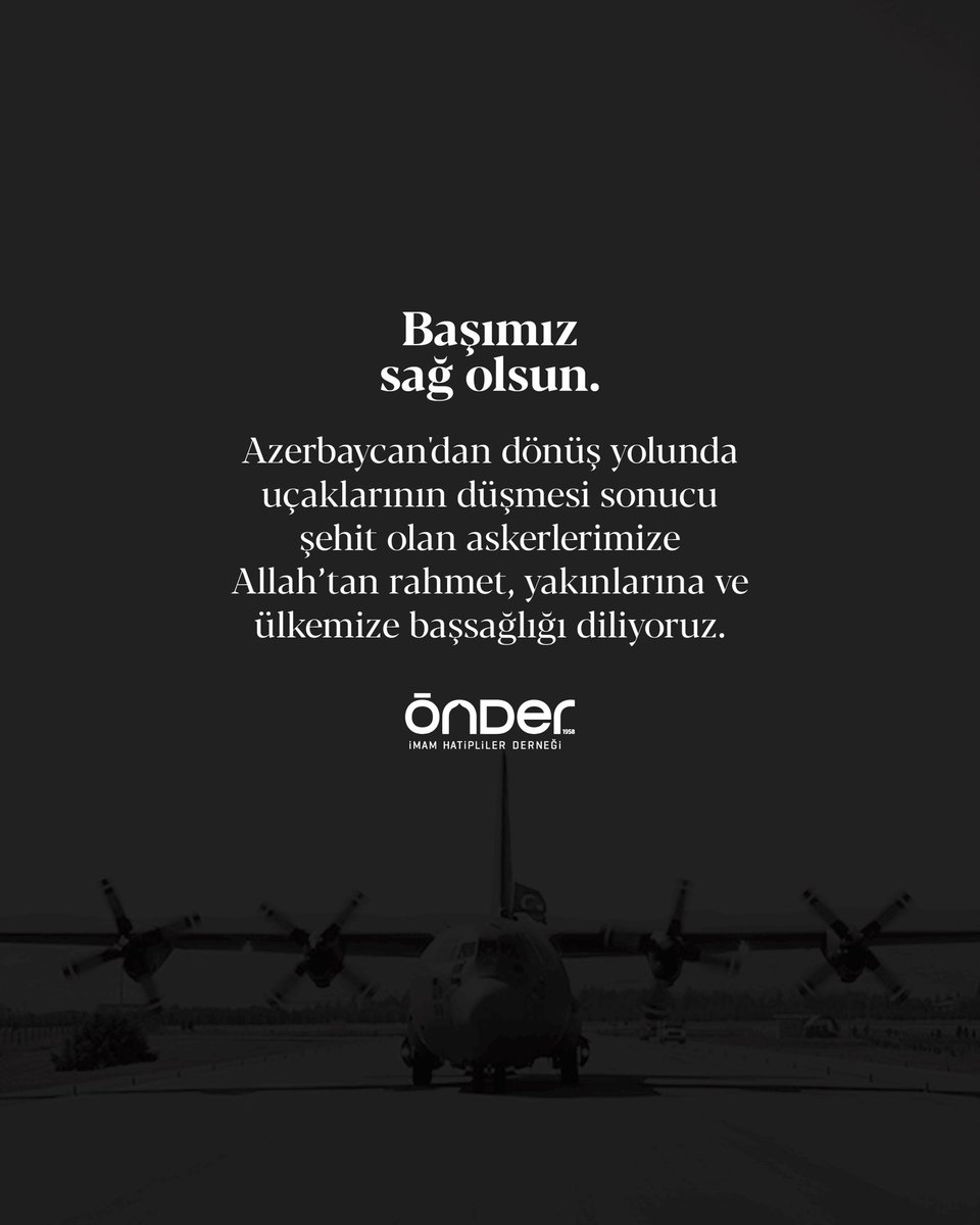 ♦️Başımız sağ olsun

Azerbaycan’dan dönüş yolunda uçaklarının düşmesi sonucu şehit olan askerlerimize Allah’tan rahmet, yakınlarına ve ülkemize başsağlığı diliyoruz.🤲🏻

#türkiye #şehit #asker #uçak #kargouçağı #vatan #millet