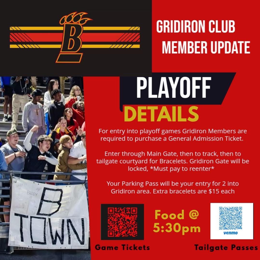 GridironBhs's tweet image. Gridiron Members, playoffs are here. All members must purchase a game ticket and enter through main gate before joining the tailgate! See y’all there🔥
