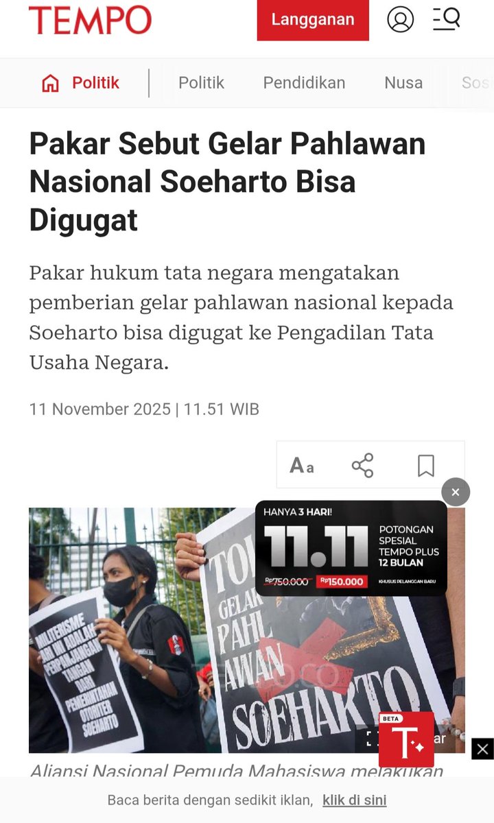 Nahhh ini bakalan seru nih, gelar Pahlawan Nasional untuk Soeharto berpotensi di-PTUN-kan! Menurut Pakar hukum tata negara  keputusan ini cacat,  karena mengabaikan agenda Reformasi 1998 dan putusan MA soal kasus korupsi Yayasan Supersemar yg merugikan negara triliunan. Pemberian