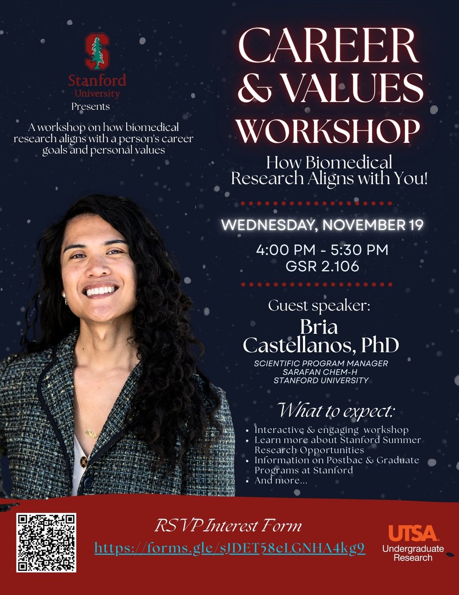 Join the <a href="/UTSAOUR/">Office of Undergraduate Research (OUR)</a> for a workshop with <a href="/Stanford/">Stanford University</a>  titled: Career+ Values Workshop: How Biomedical Research Aligns with You! Nov 19, 2025 4-5:30 PM GSR 2.106
Event link: forms.gle/sJDET58eLGNHA4…