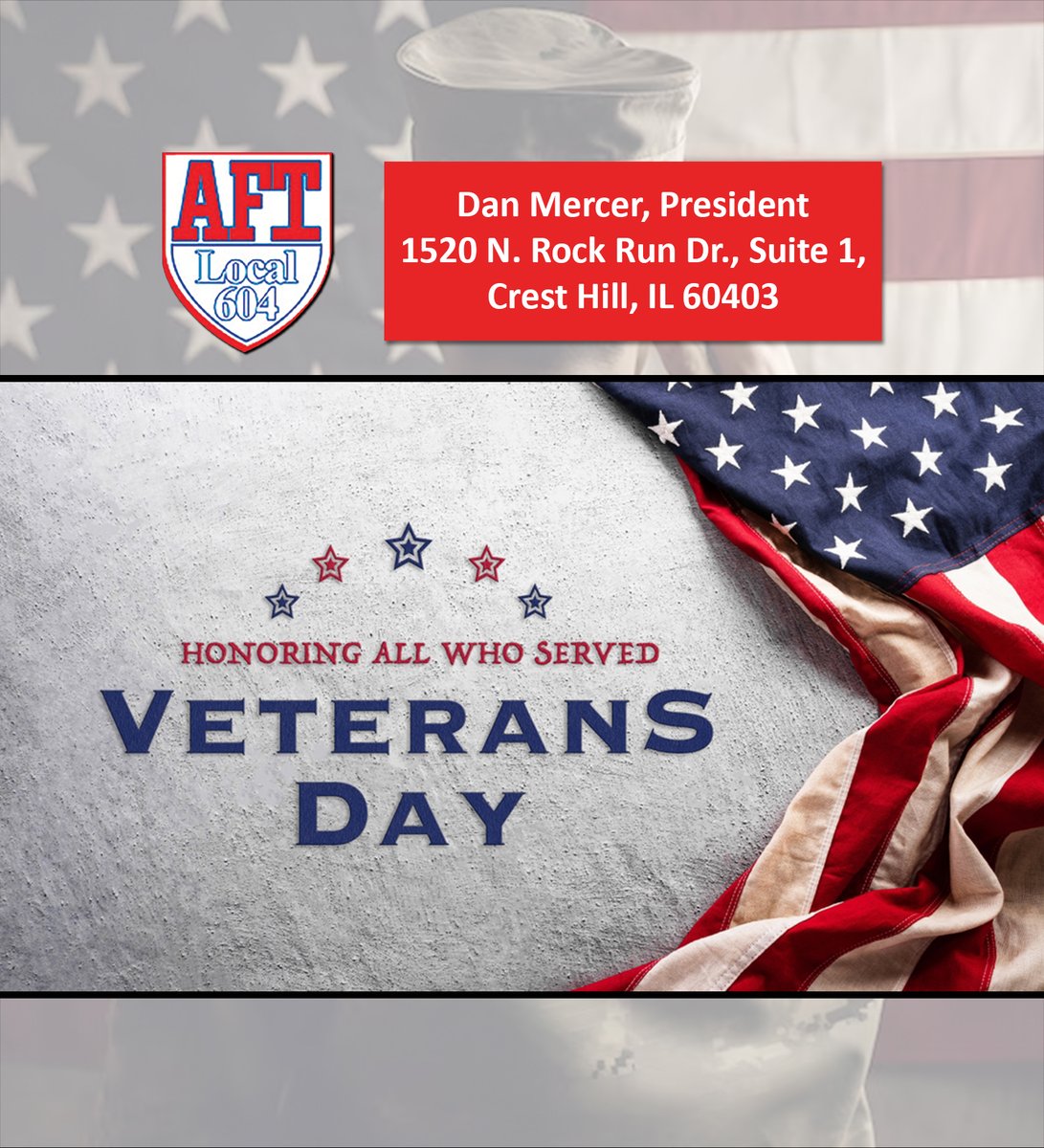 🇺🇸This #VeteransDay, the Officers, Executive Board, Members and Staff of the Crest Hill-based <a href="/AFTunion/">AFT</a> Local 604, honor the brave who served our nation, defended our freedom, and continue to serve through their work in Unions.
#UnionStrong #Solidarity #LaborNews