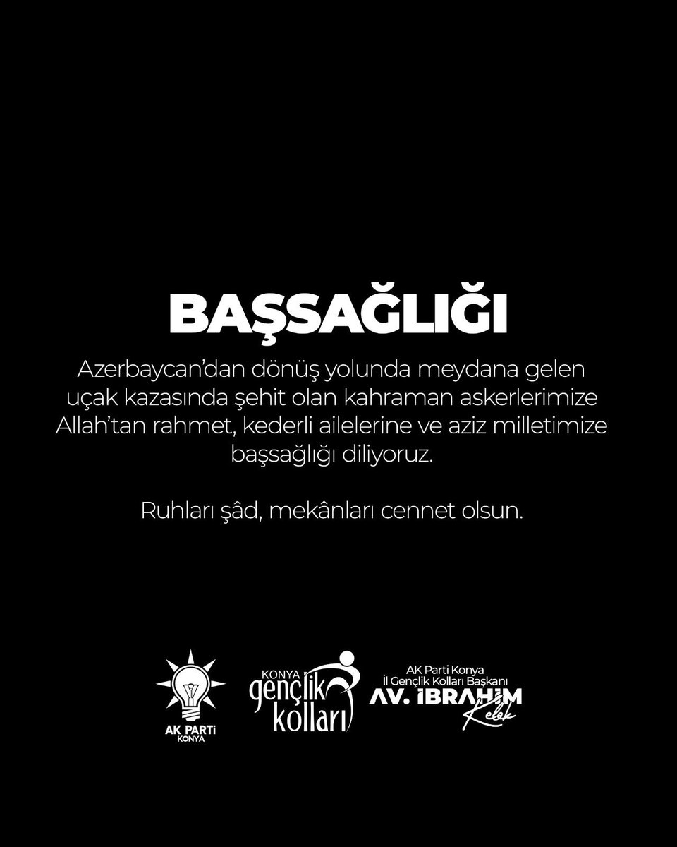 Azerbaycan’dan dönüş yolunda meydana gelen uçak kazasında şehit olan kahraman askerlerimize Allah’tan rahmet, kederli ailelerine ve aziz milletimize başsağlığı diliyorum. 

Ruhları şâd, mekânları cennet olsun. 🇹🇷