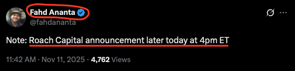 ALERT🔔: <a href="/fahdananta/">Fahd Ananta</a> (Lead of Product @ $OPEN) confirms <a href="/RoachCap/">Roach Capital</a> announcement today at 4 PM EST.

Most likely a Roach Capital stake in $OPEN. 👀