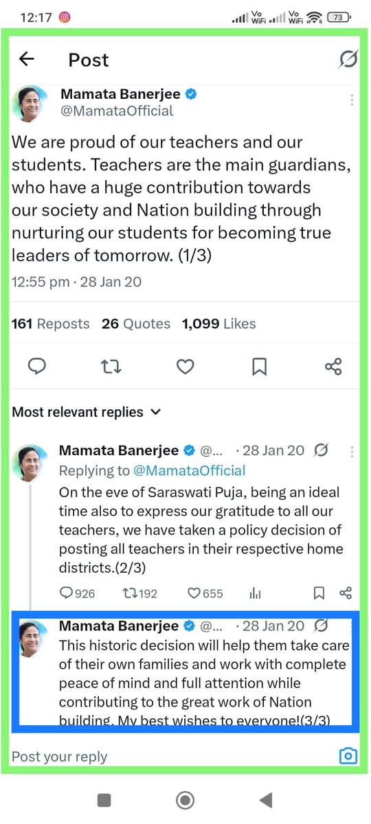 এই রকম একটি ঘোষণার অপেক্ষায় আমরাও। পাঁচ বছর হতে চলল,আমরা পরিবার পরিজন ছেড়ে দূরের জেলায় পরে আছি।আমরা অনেক চেষ্টা করেছি আপনার কাছে বার্তা পৌঁছে দেবার।জানি না,আমাদের কথা আপনার কাছে পৌঁছে কিনা। আমাদের কেও নিজের জেলার ট্রান্সফার করার ব্যবস্থা করুন মাননীয়া 🙏🙏🙏
<a href="/MamataOfficial/">Mamata Banerjee</a>