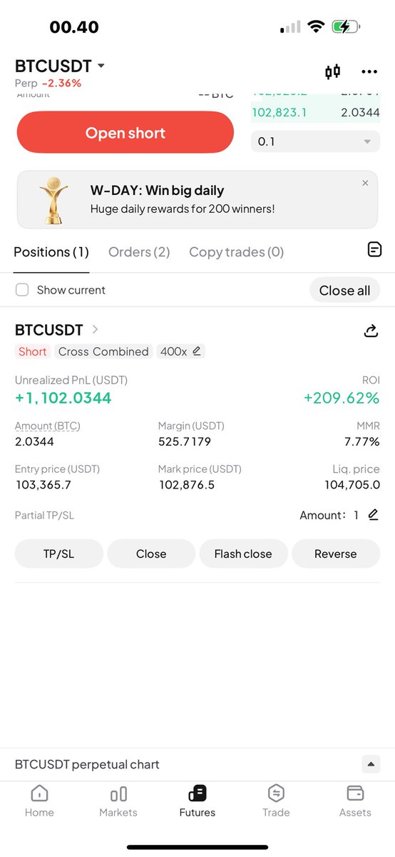 anakin_hl's tweet photo. close in profit when jim crammer say market going rally today.

after btc breakout 104 area, i open short as well.

happy profit chat, I'm actively playing scalping because the market is not recommended to play swing if you're not a trump baron https://t.co/sje8rqBxJz