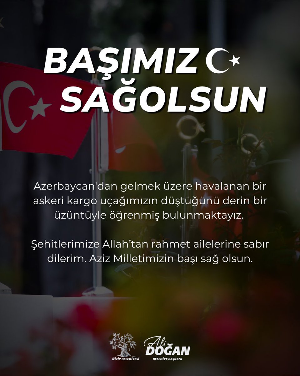 Başımız Sağ Olsun Türkiye

Azerbaycan'dan gelmek üzere havalanan bir askeri kargo uçağımızın düştüğünü derin bir üzüntüyle öğrenmiş bulunmaktayız. 

Şehitlerimize Allah’tan rahmet ailelerine sabır dilerim. Aziz Milletimizin başı sağ olsun.