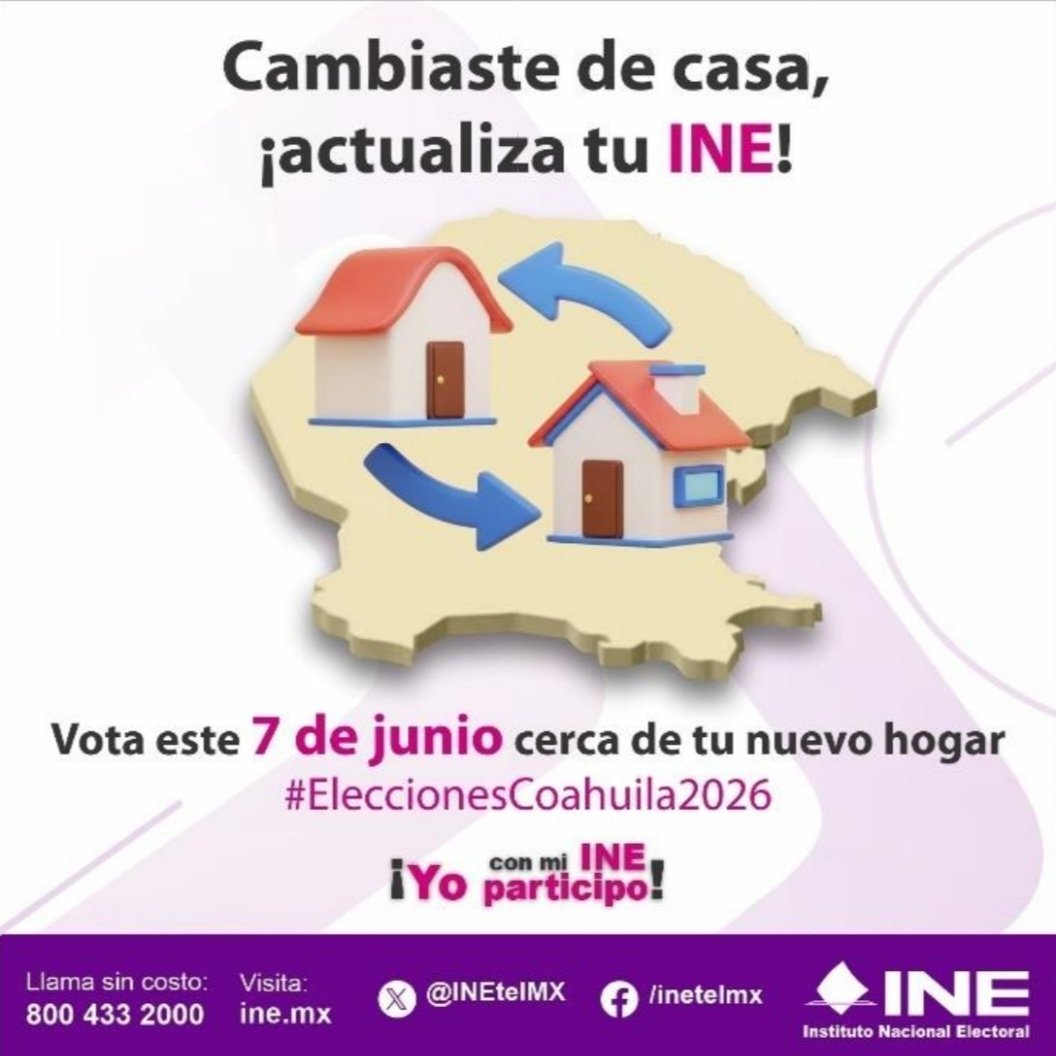 Si te acabas de mudar, es tiempo que participes en las decisiones que se tomen en Coahuila; acude al Módulo del INE y actualiza tu dirección.

¡Yo con mi INE participo!