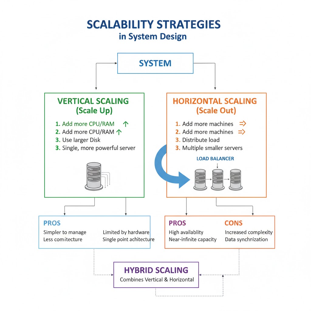 e_opore's tweet image. SCALABILITY STRATEGIES IN SYSTEM DESIGN

→ Scalability is the system’s ability to handle increased load without compromising performance or reliability.
→ It ensures that as users, data, or requests grow, the system continues to operate efficiently.

→ 1. VERTICAL SCALING…