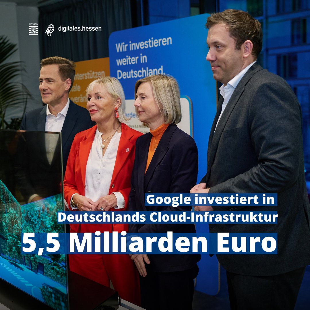 DigitalesHessen's tweet photo. Hessen ist führend auf dem Weg in die digitale Zukunft Europas: Neue milliardenschwere Invesition in Standort FrankfurtRheinMain. @GoogleDE investiert in den kommenden Jahren 5,5 Mrd. € in Ausbau seiner Cloudinfrastruktur in Deutschland &amp; Hessen. Mehr: https://t.co/eOuXd7QLod https://t.co/eyhnYkynyb