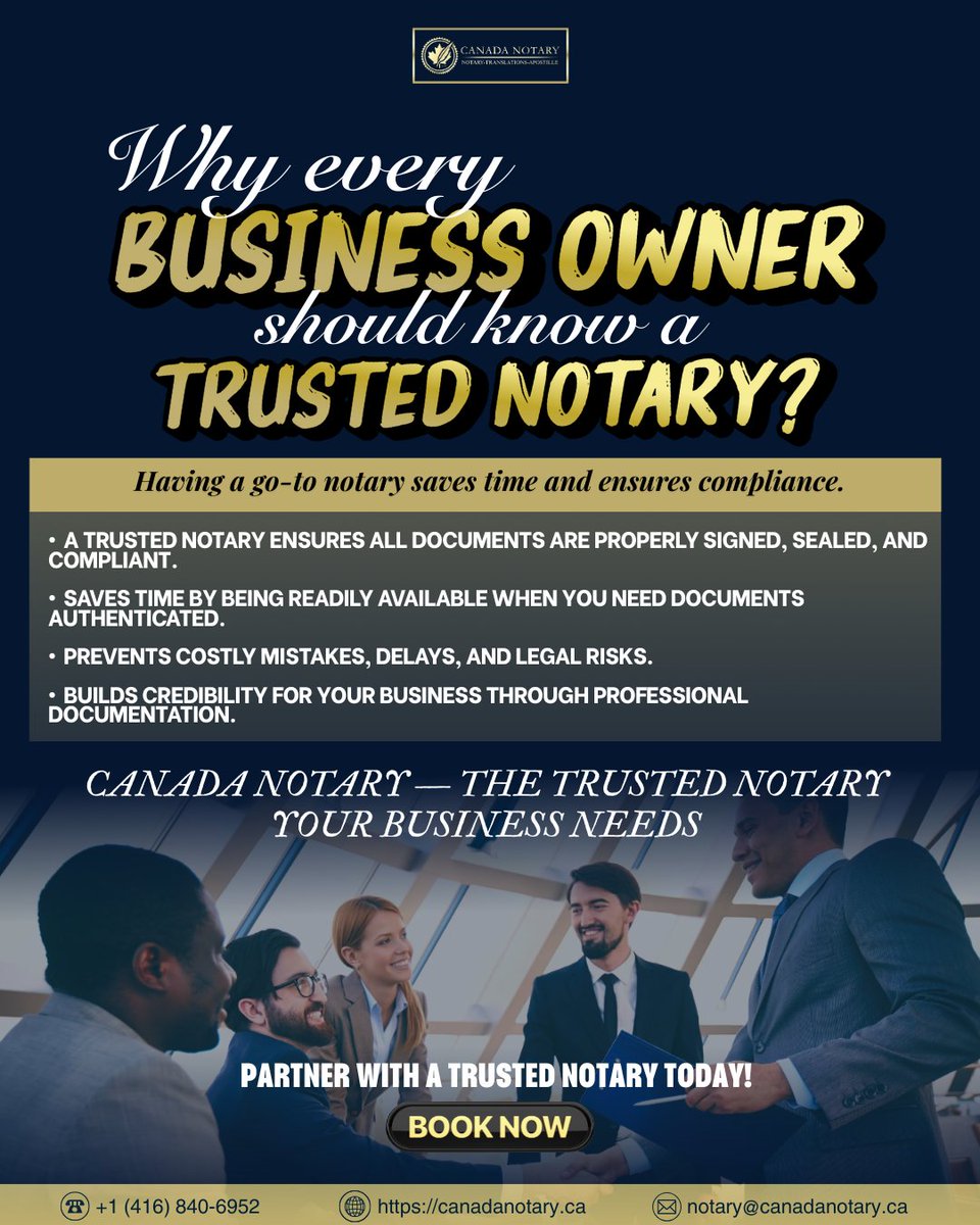 Canada_notary's tweet image. 🖋️ Business owners — don’t overlook this!
A trusted notary saves time, prevents risks, and keeps your documents compliant.
💼 Canada Notary — the reliable partner your business needs.
👉 Book now: canadanotary.ca

#NotaryPublic #CanadaNotary #BusinessDocs #NotaryServices