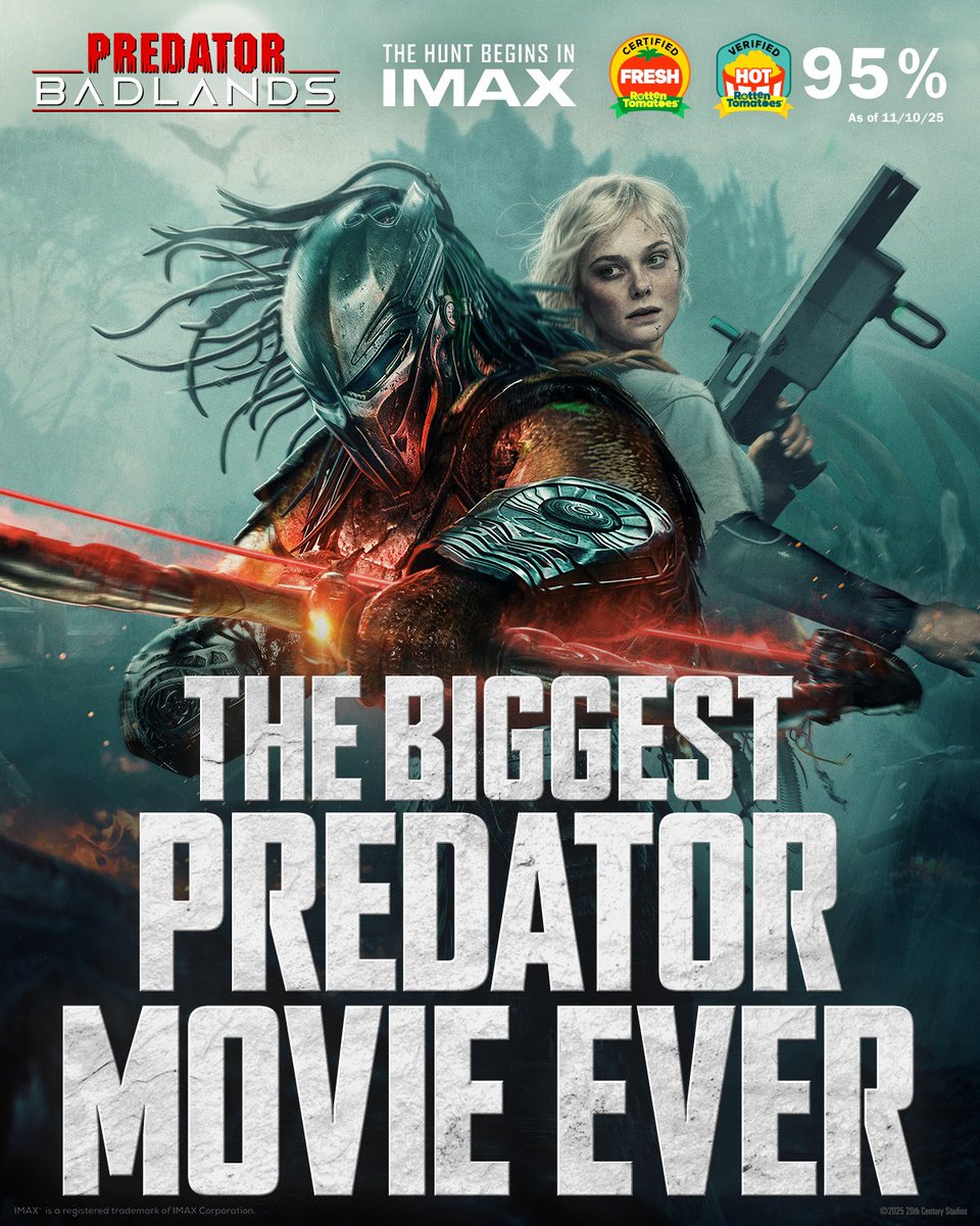 Predator's tweet image. Experience the record-breaking film. 

Predator: Badlands is now playing in theaters and IMAX. Get tickets now: Fandango.com/PredatorBadlan…