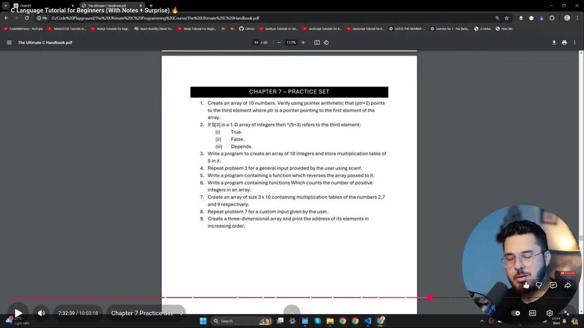A1okthakur's tweet photo. 📚 Completed Chapter 7 – Arrays + the practice set!
Learned how to store multiple values using a single variable and explored pointer arithmetic &amp; 2D and 3 arrays 🔢
The practice questions really helped solidify the concepts 💪 
@codewithharry https://t.co/Sn8Ux384Hr