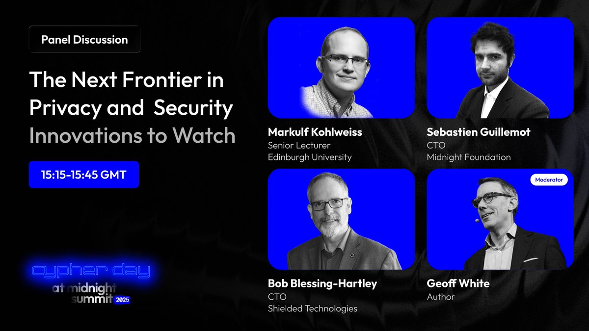 MidnightNtwrk's tweet image. 🔐 6 days until Midnight Summit:

Get ready for “The Next Frontier in Privacy &amp;amp; Security”  a session exploring the innovations redefining trust, compliance, and data protection.

From ZK proofs and selective disclosure to privacy-preserving AI and post-quantum readiness, this…