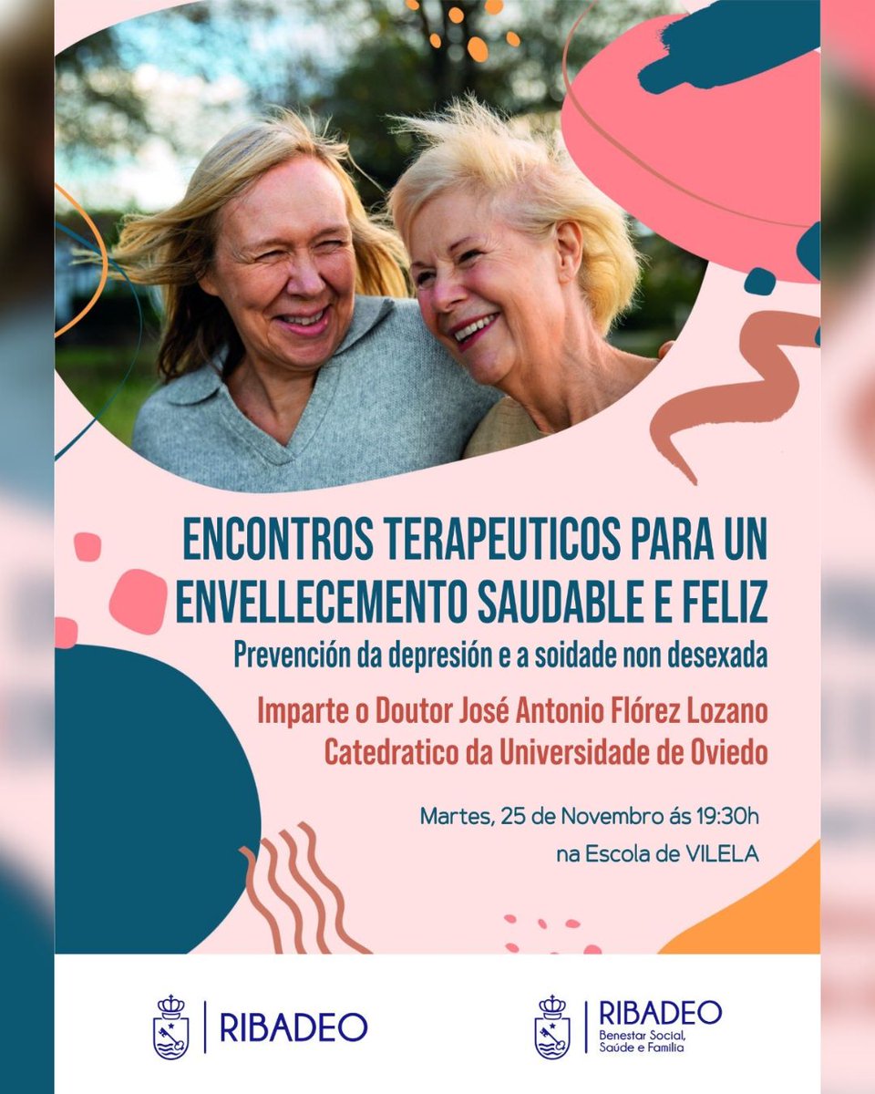 𝙀𝙣𝙘𝙤𝙣𝙩𝙧𝙤𝙨 𝙩𝙚𝙧𝙖𝙥𝙚́𝙪𝙩𝙞𝙘𝙤𝙨 𝙥𝙖𝙧𝙖 𝙪𝙣 𝙚𝙣𝙫𝙚𝙡𝙡𝙚𝙘𝙚𝙢𝙚𝙣𝙩𝙤 𝙨𝙖𝙪𝙙𝙖𝙗𝙡𝙚 𝙚 𝙛𝙚𝙡𝙞𝙯
📍 Datas e lugares:
- Vilaselán → Venres 14 de novembro, ás 19:30 h
- Rinlo → Venres 21 de novembro, ás 19:30 h
- Vilela → Martes 25 de novembro, ás 19:30 h