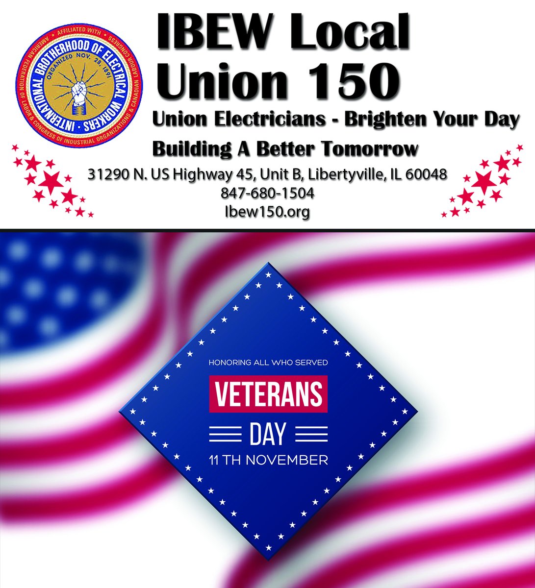 On this #VeteransDay, the Libertyville-based <a href="/IBEW/">IBEW</a> Local 150 knows Unions and Veterans share a bond: the belief that no one stands alone. Today, we honor those who’ve stood for all of us.
#UnionStrong #Solidarity #LaborNews