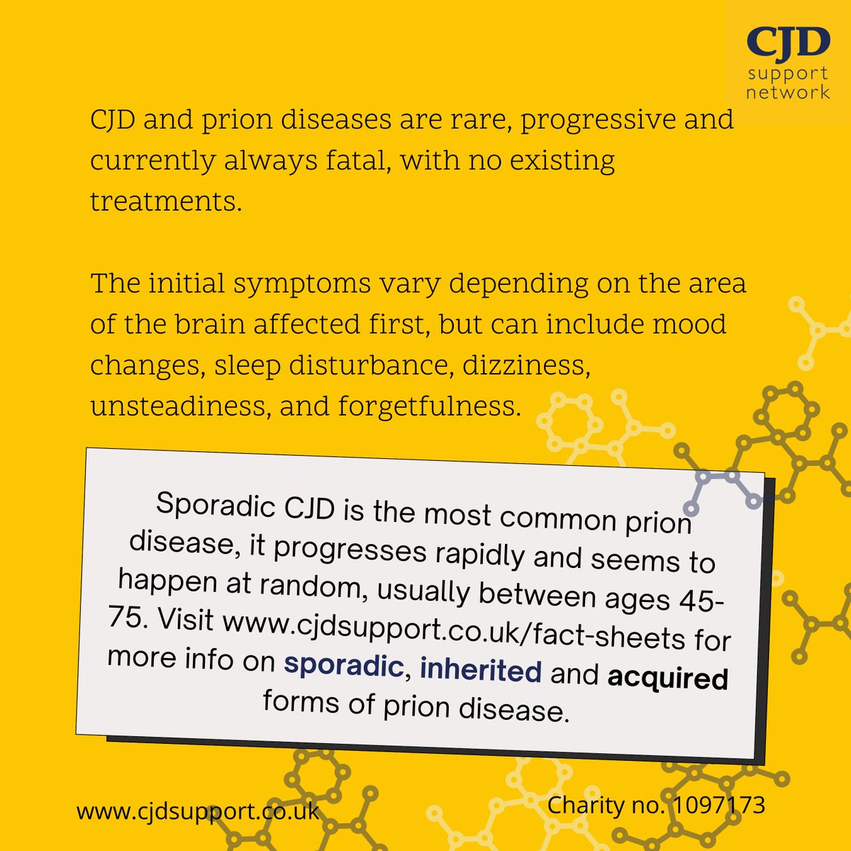supportcjd's tweet image. What are CJD and prion diseases?
Prion disease starts when these normal proteins in the brain misfold and build up, causing damage.

CJD and prion diseases are rare, progressive and currently always fatal, with no existing treatments.
#CJDAwareness #PrionDiseaseAwareness