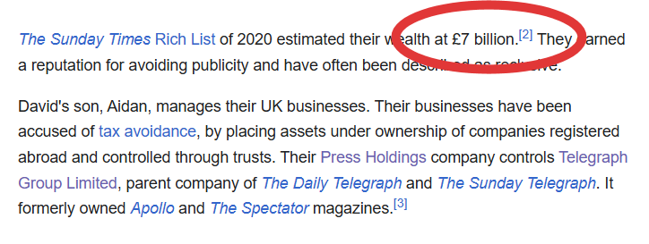 The Daily Telegraph attacking Zack Polanski might be connected to 

(a) Polanski wanting a wealth tax on Billionaires 

(b) Wikipedia saying the owners' wealth is £7 billion.

(c) "Their businesses have been accused of tax avoidance, by placing assets under ownership of companies