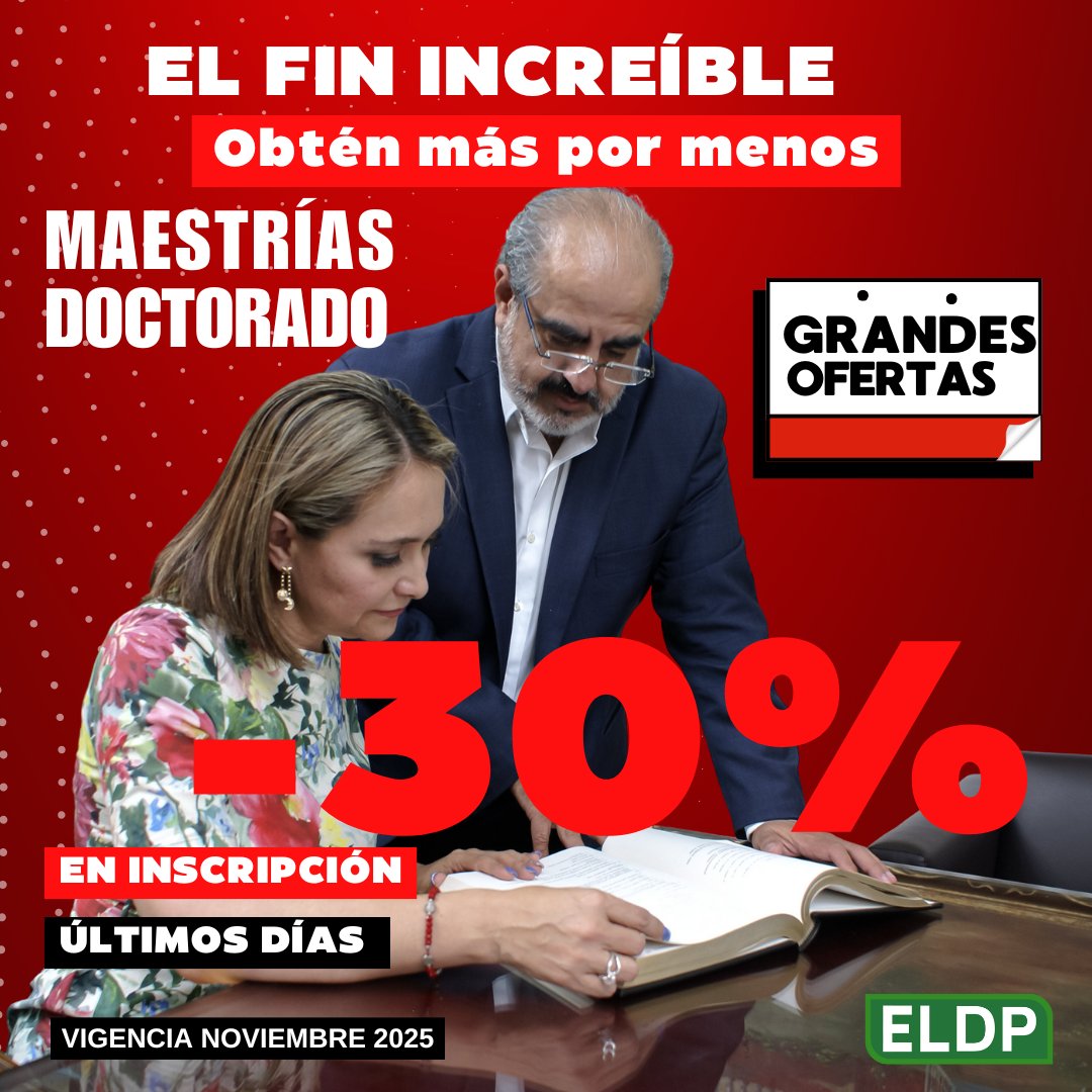 🎓 Buen Fin en la ELDP
Licenciatura:
➡️ 30% de descuento en tus mensualidades del primer año.
 Solo nuevo ingreso.
Maestrías y Doctorado:
➡️ 30% de descuento en inscripción.
Formación con más de 42 años de excelencia.
 Comienza. Crece. Especialízate.
✅ Vigencia: noviembre 2025