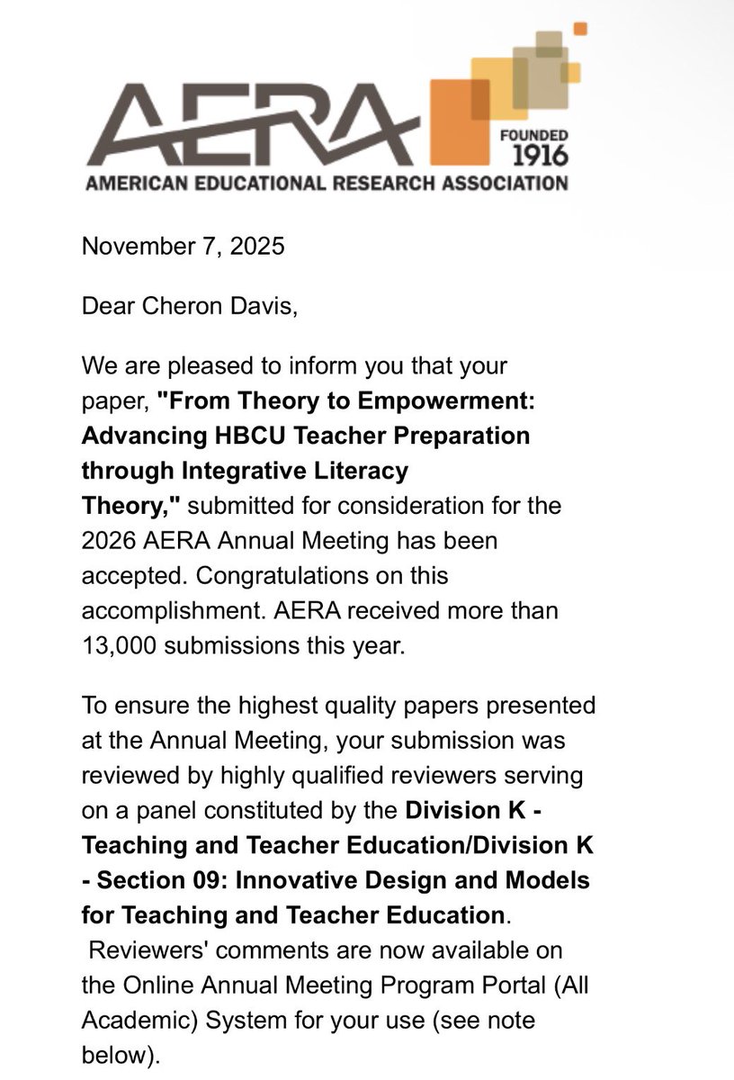 🌟Thrilled to share my paper, “From Theory to Empowerment: Advancing HBCU Teacher Prep Through Integrative Literacy Theory” was accepted 2 <a href="/AERA_EdResearch/">AERA</a> Annual Meeting! TY <a href="/AERADivisionK/">DivisionK</a> for lifting my work of inquiry and ❤️. See y’all in LA🛫#AERA #AERA2026 #AcademicTwitter