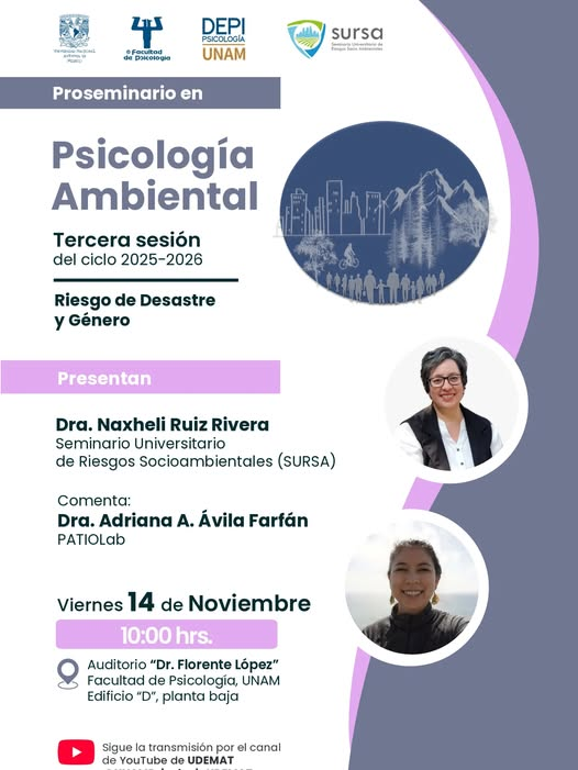 IGeografiaUNAM's tweet photo. Conferencia "Riesgo de Desastre y Género"
Con @naxhelli del @SURSA_UNAM y Adriana Ávila de #PATIOLAb
📅14 de noviembre, 10:00 h, Auditorio Dr. Florente López, PB edificio D de la @unam_psicologia https://t.co/MMyFRQfFKY