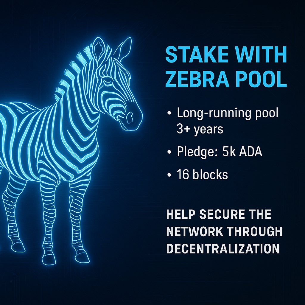 🦓 Stake with ZEBRA Pool [Ticker: ZEBRA]
100% Renewable 🌍 | Run by Engineers 🧠 | Bare Metal Nodes ⚙️

✅ Long-running pool — 3+ years of uptime
✅ Pledge: 5k ₳ (we stake our own ADA)
✅ 16 blocks minted — proven reliability
✅ Supports network decentralization

Help secure