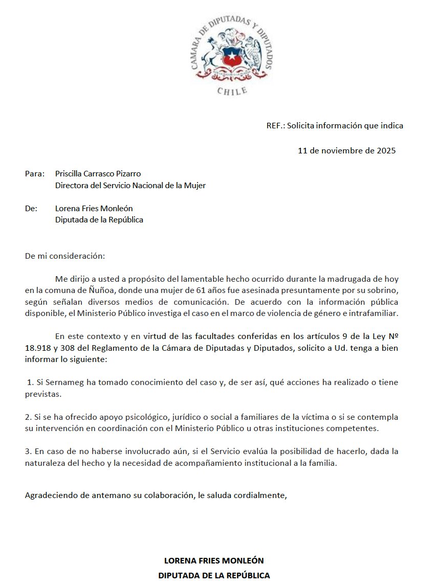 Lamento profundamente el asesinato de una mujer de 61 años en Ñuñoa. Mis condolencias a su familia y seres queridos. He oficiado al <a href="/SernamEGChile/">SernamEG Chile</a> para saber si han tomado conocimiento del caso y qué apoyos pueden brindar a la familia en este momento tan doloroso, y para asegurar