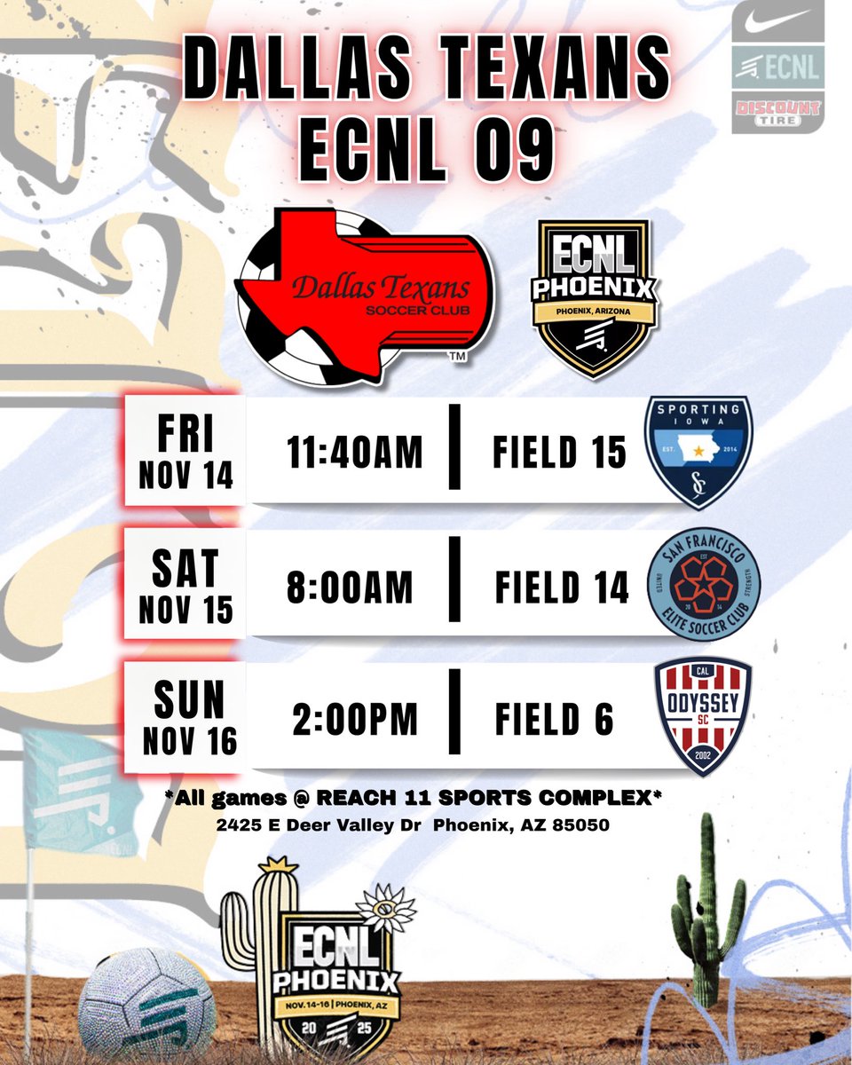 Big weekend ahead!! Traveling ✈️ to the ECNL Showcase in Phoenix 🌵- ready to compete, connect, and leave it all out on the field 💪⚽️ Come check us out!

<a href="/EcnlTexas/">ECNL Girls Texas Conference</a> <a href="/ECNLgirls/">ECNL Girls</a> <a href="/ImYouthSoccer/">ECNL/GA/Recruiting/College Soccer</a> <a href="/ImCollegeSoccer/">College Soccer Truth ™</a> <a href="/TheSoccerWire/">SoccerWire</a> <a href="/PrepSoccer/">Prep Soccer ⚽️</a> <a href="/TopDrawerSoccer/">TopDrawerSoccer</a> 
#ECNLPHX <a href="/DTexansSC/">Dallas Texans Soccer Club</a>
