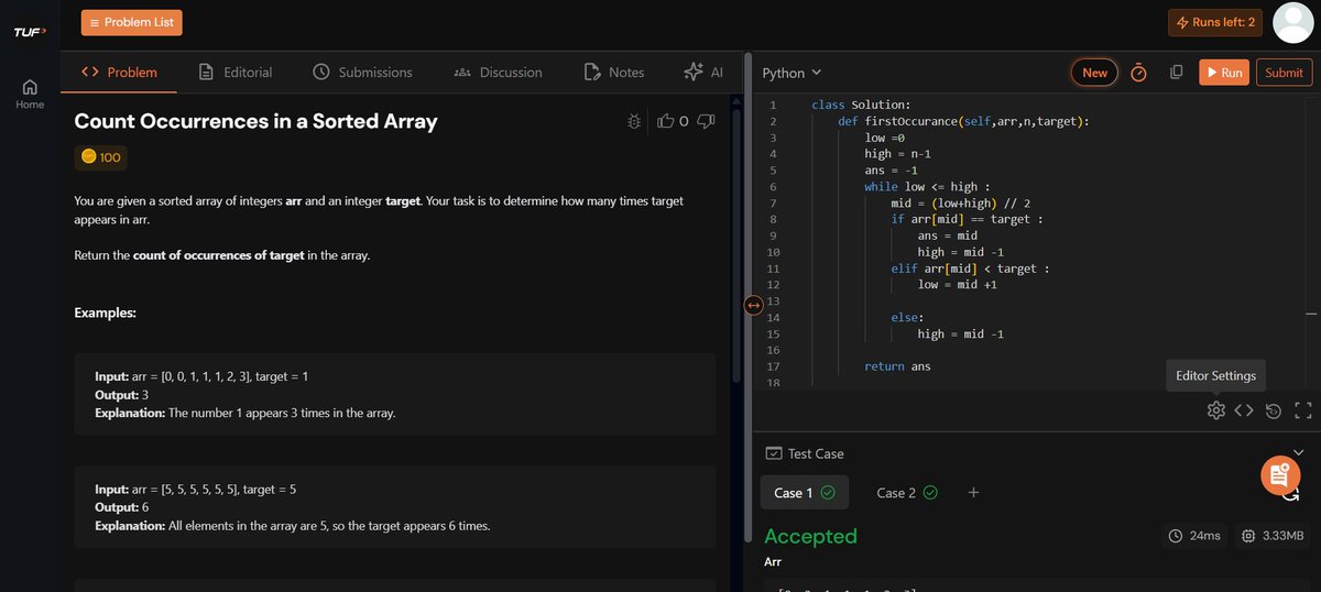ArshadJamil2003's tweet image. Day 14 of DSA 🚀
Binary Search boundary problems today 👇
➡ First / Last Occurrence in Sorted Array
➡ Count Occurrences with Duplicates

Binary Search is becoming more intuitive 🔥
#Day14ofDSA #StriverA2ZDSA #DSA #CodingJourney #Consistency