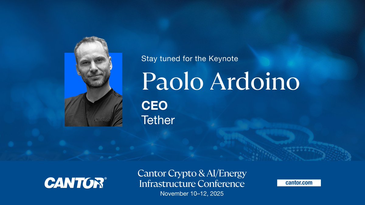 Official_Cantor's tweet image. Coming up this afternoon: watch the broadcast of @Tether_to CEO @paoloardoino&apos;s keynote at #CantorCrypto.