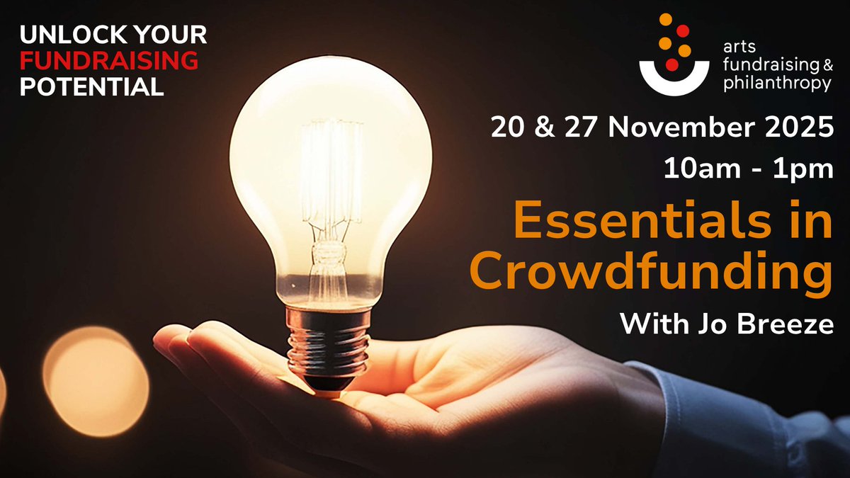 Join industry expert, Jo Breeze, as she explores where to start and what to expect from running a crowdfunding campaign.

100% of past participants agree that the training was valuable and relevant.

🗓️20 &amp; 27 November

Sign up here: artsfundraising.org.uk/course/essenti…