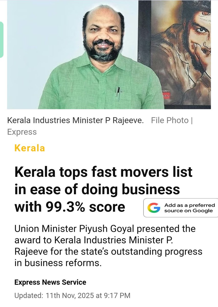 Deepu_Anchal's tweet photo. 🌴Kerala shines again 🌟 — Fast Mover in Ease of Doing Business with a 99.3% reform score!📈

📍 At the prestigious Udyog Samagam 2025 in Delhi, Kerala was honored as a Fast Mover in the highest category of the Ease of Doing Business rankings (Business Reforms Action Plan + Reduction of Compliance Burden). The award was presented by Union Minister Shri Piyush Goyal to Kerala Industries Minister Shri P. Rajeeve — a proud moment for every Malayali!

Here’s why this matters:

✅ 99.3% of requested reforms completed — up from 91% last year  
✅ Top rank in 4 business-oriented sectors — double last year’s achievement  
✅ Investor complaint reduction played a key role in Kerala’s rise  
✅ Teamwork across departments under the leadership of Hon. Chief Minister ensured seamless coordination  
✅ Recognition received first among all states — a powerful endorsement of Kerala’s progress

Kerala joins Andhra Pradesh and Karnataka in the elite Fast Mover category, while Tamil Nadu and Gujarat remain in the Aspirants tier. This marks Kerala’s second consecutive year at the top — a clear rebuttal to skeptics who called last year’s win a fluke.

💼 With the world eyeing Kerala as a tech-forward investment destination, this milestone strengthens our position as a hub of innovation, efficiency, and inclusive growth.

Let’s celebrate this collective success and keep the momentum going!  

#InvestInKerala
#Kerala_INFRA
#KeralaINFRA
#Kerala
#KeralaModel #EaseOfDoingBusiness #InvestInKerala #TeamworkWins #UdyogSamagam2025 #BusinessReforms #KeralaDevelopment #MalayaliPride