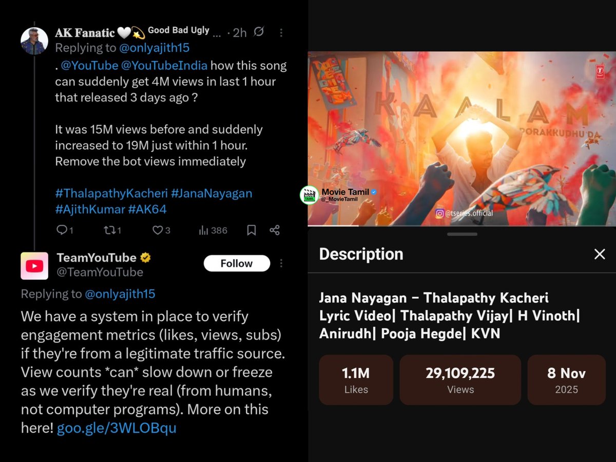 _MovieTamil's tweet image. An Official clarification from Team YouTube ✅️

#ThalapathyKacheri - YouTube Views BLAST💥BLAST💥

#JanaNayagan #ThalapathyVijay