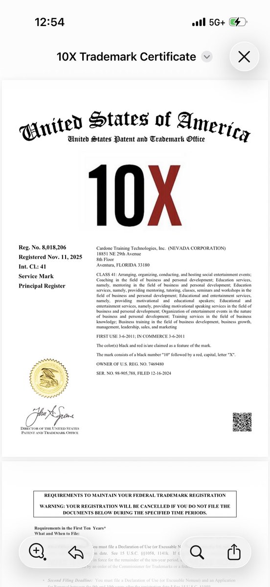GrantCardone's tweet photo. USA Patent &amp; Trademark office just approved Trade Mark for 10X.  Build a brand, grow your audience and be of service. https://t.co/vcwi2PHItv