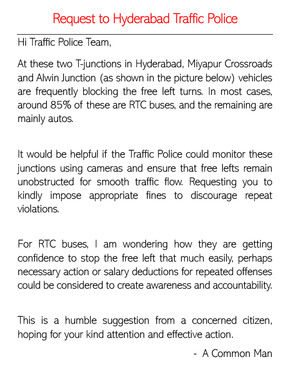 common_mancg's tweet photo. Miyapur X Roads &amp; Alwin Jn: Free lefts BLOCK by RTC (85%),Autos(15%) &amp;some bikers, install cameras, enforce strict fines for smooth flow🙏,
Humble Req
More details in the image
@cyberabadpolice  @CYBTRAFFIC  @HYDTP @SajjanarVC  @TrafficHYD  
#Traffic #Hyderabad #HyderabadTraffic https://t.co/OAmjyPqhOO